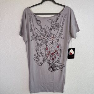 Key Closet Shirt Womens Large Tunic Owl Key Swarovski Crystal Rhinestone Bird